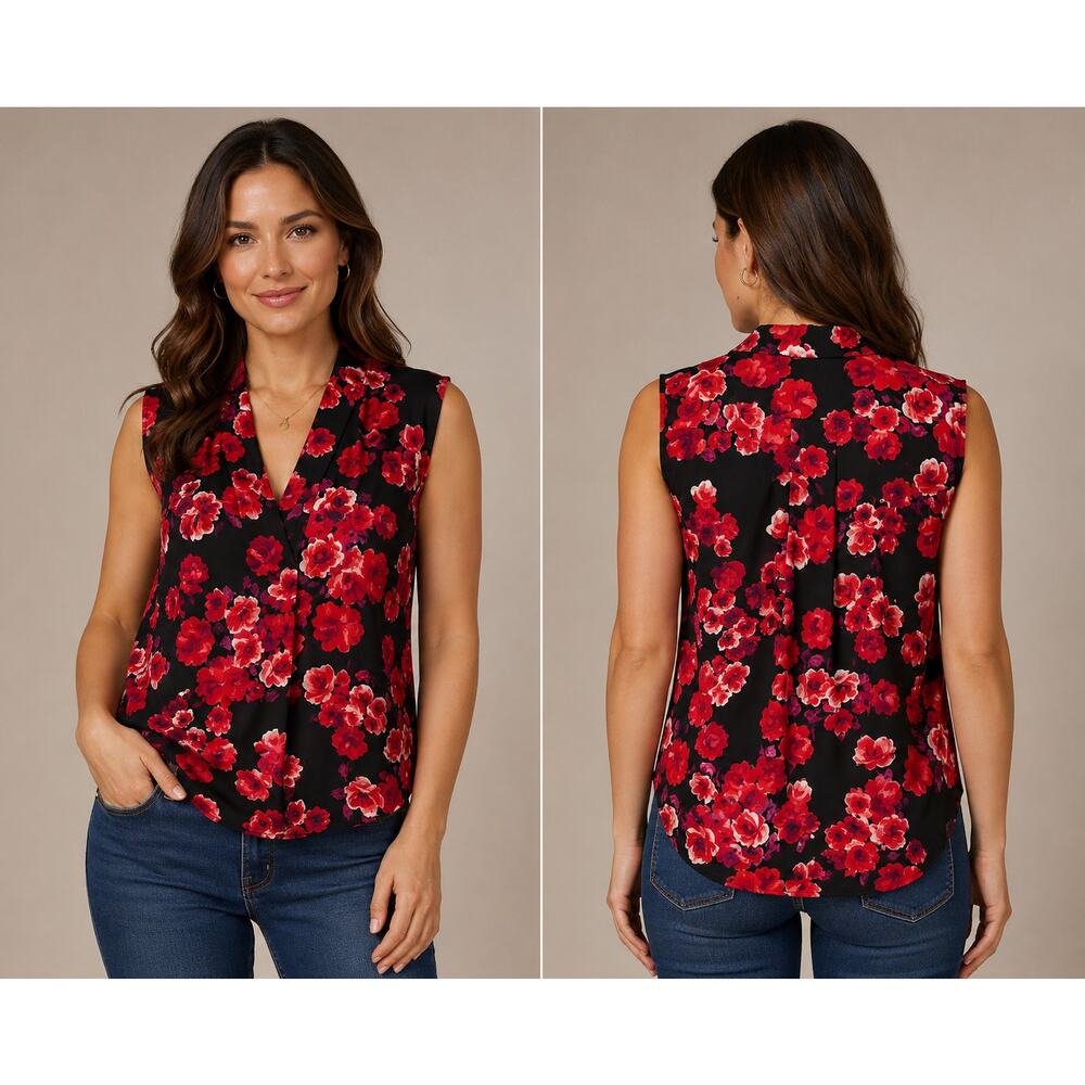 Talbots Floral Sleeveless Blouse Top Women’s Medium Red Black V-Neck EUC